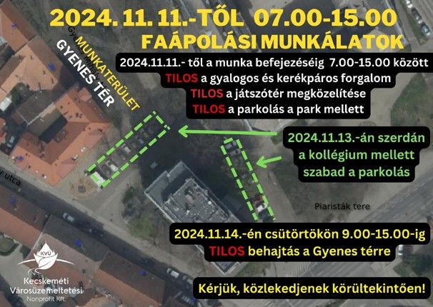 Faápolási munkálatok a Gyenes téren: november 13-án használhatók lesznek a parkolók