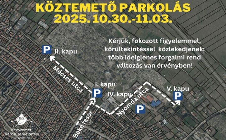 Forgalmi rend változás és parkolási lehetőségek a Kecskeméti Köztemetőnél a kegyeleti ünnepek alatt
