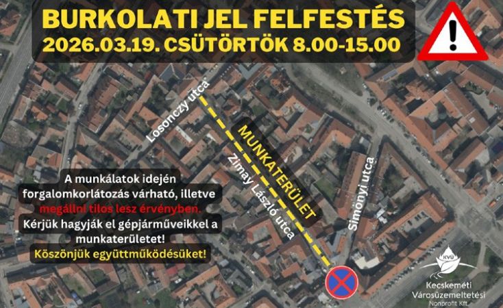 Burkolati jel festés és ideiglenes forgalomkorlátozás a Zimay utcán