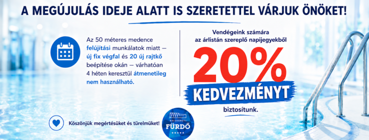 Megújul a Kecskeméti Fürdő 50 méteres medencéje: Kedvezménnyel várják a látogatókat