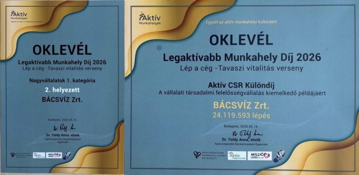Kiemelkedő eredményt ért el a Bácsvíz Zrt. a „Lép a cég!” kihívásban