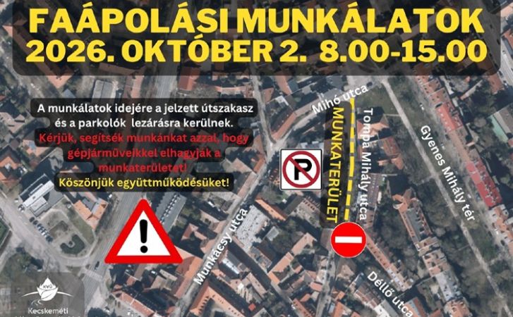 Faápolási munkálatok miatt lezárják a Tompa Mihály utca egy szakaszát