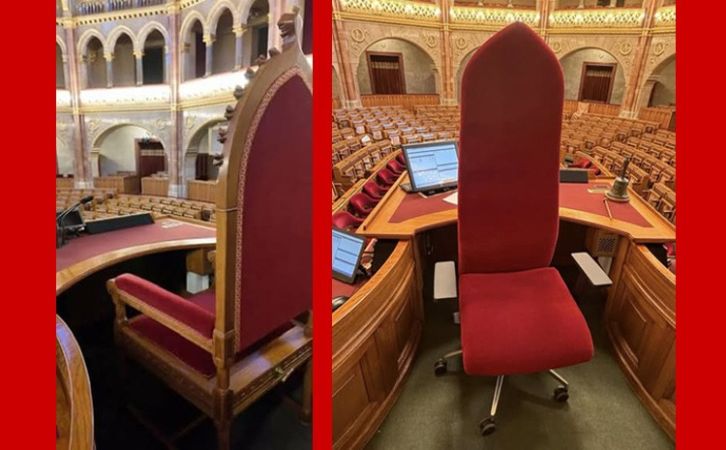 Blikk: vasalódeszkára emlékeztet az Országház történelmi házelnöki székét felváltó gurulós szék háttámlája