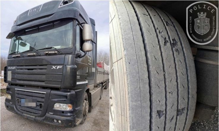 Életveszélyes gumiabroncs volt a teherautón